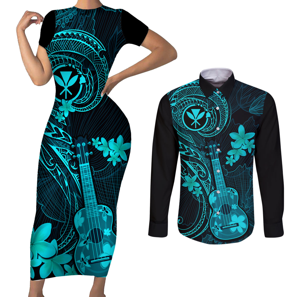 Hawaii Couples Matching Short Sleeve Bodycon Dress and Long Sleeve Button Shirts Ukulele Mix Polynesian Plumeria Turquoise Version - Wonder Print Shop