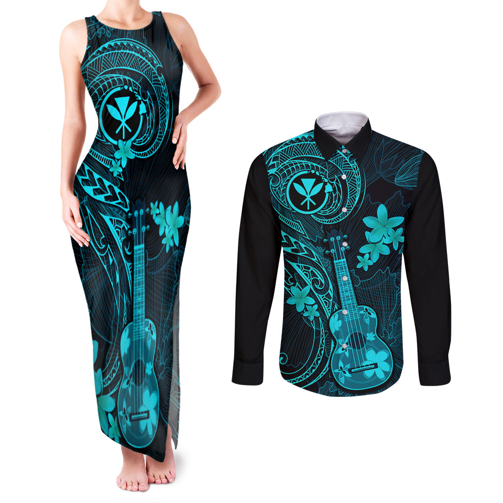 Hawaii Couples Matching Tank Maxi Dress and Long Sleeve Button Shirts Ukulele Mix Polynesian Plumeria Turquoise Version - Wonder Print Shop