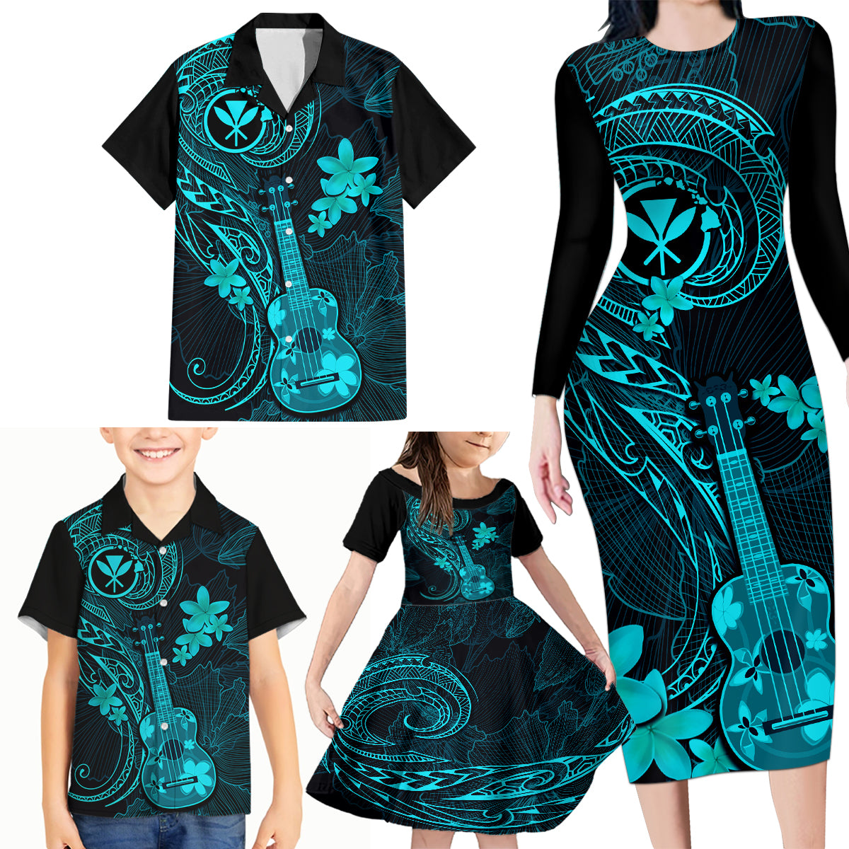 Hawaii Family Matching Long Sleeve Bodycon Dress and Hawaiian Shirt Ukulele Mix Polynesian Plumeria Turquoise Version - Wonder Print Shop
