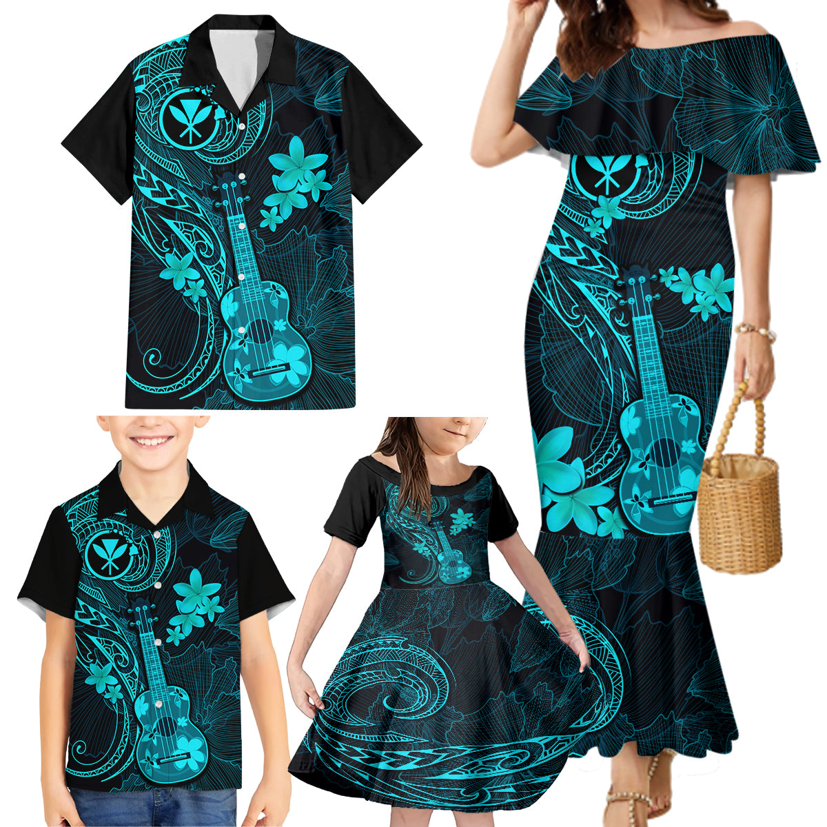 Hawaii Family Matching Mermaid Dress and Hawaiian Shirt Ukulele Mix Polynesian Plumeria Turquoise Version - Wonder Print Shop