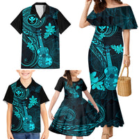 Hawaii Family Matching Mermaid Dress and Hawaiian Shirt Ukulele Mix Polynesian Plumeria Turquoise Version - Wonder Print Shop