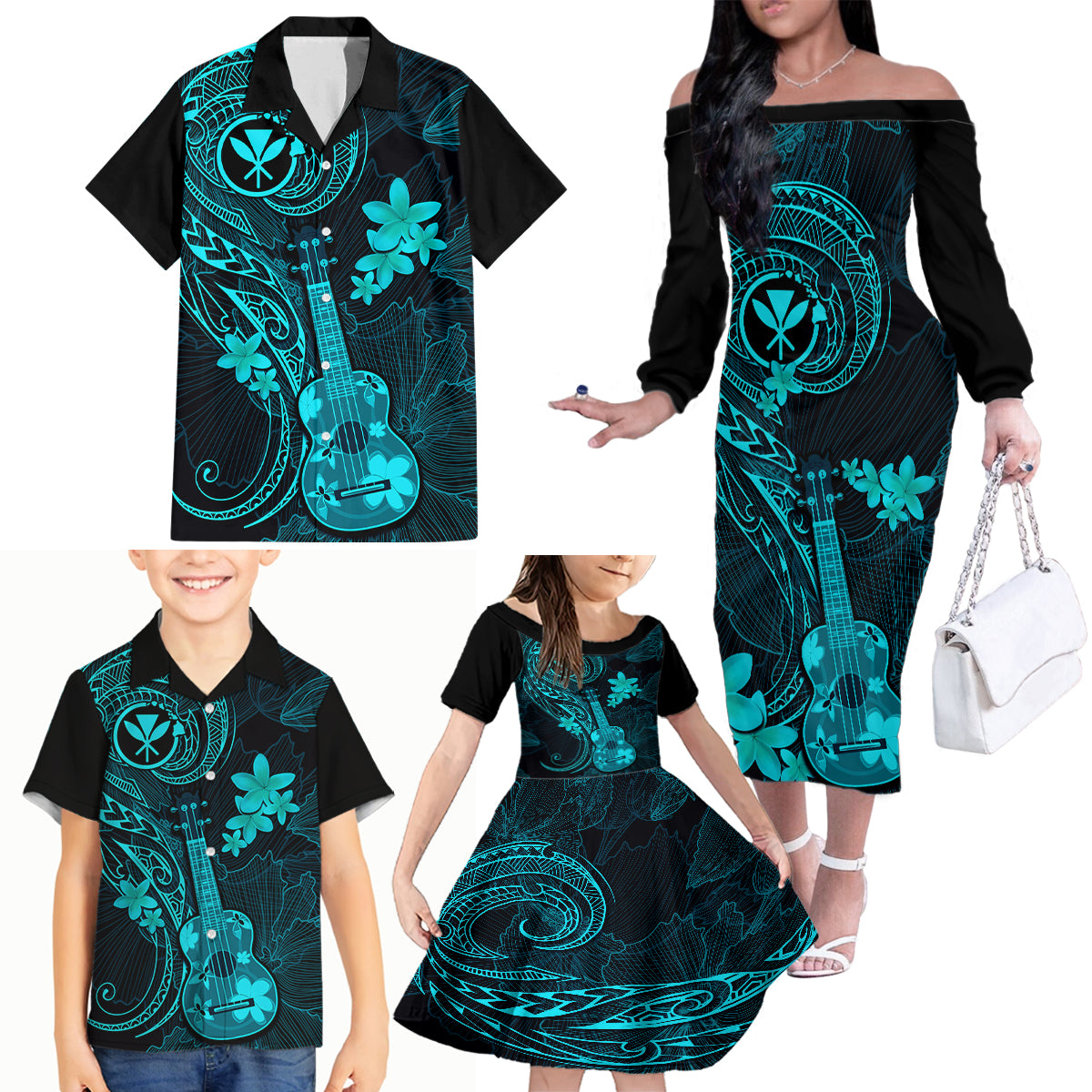 Hawaii Family Matching Off Shoulder Long Sleeve Dress and Hawaiian Shirt Ukulele Mix Polynesian Plumeria Turquoise Version - Wonder Print Shop