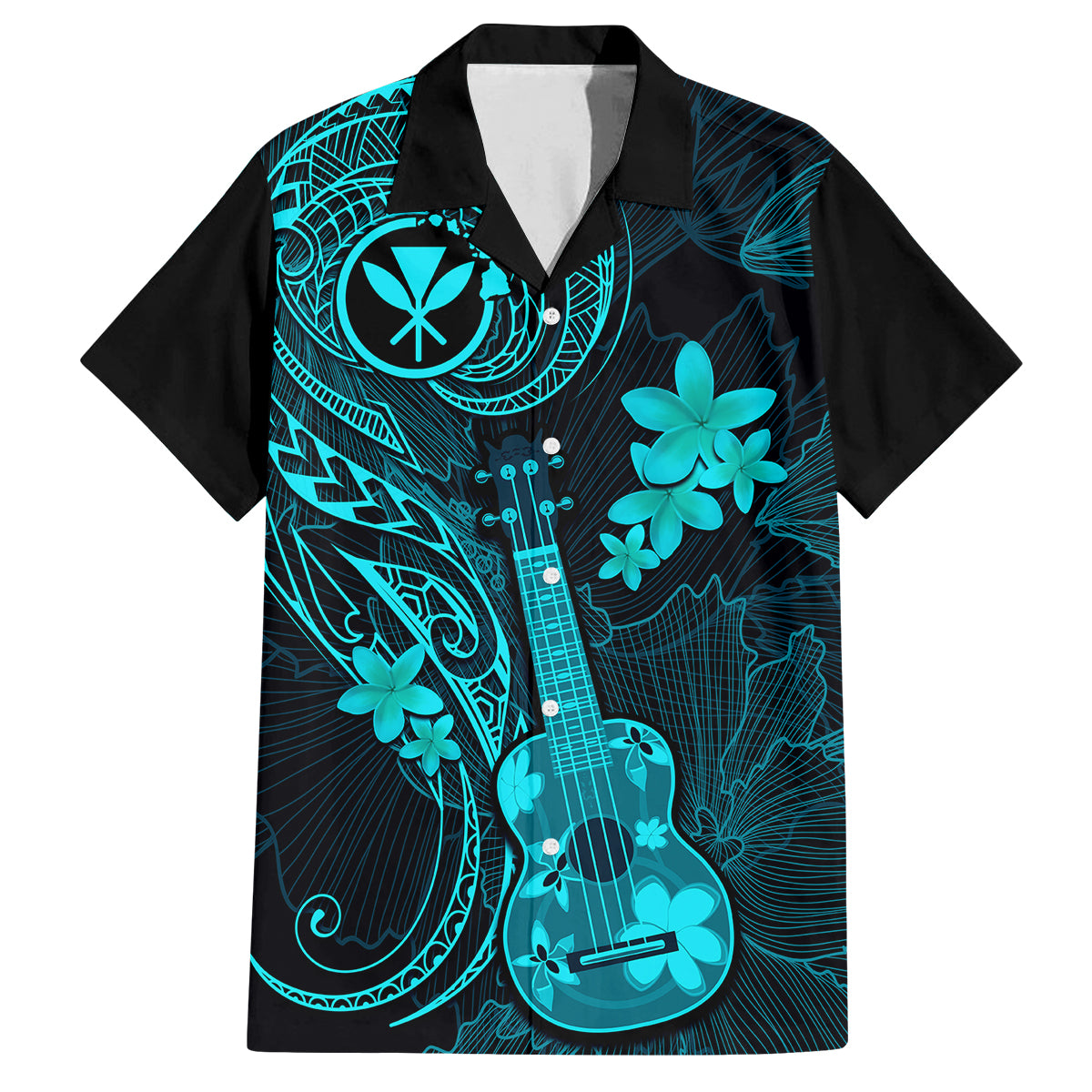 Hawaii Family Matching Off Shoulder Long Sleeve Dress and Hawaiian Shirt Ukulele Mix Polynesian Plumeria Turquoise Version - Wonder Print Shop