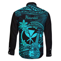 Hawaii Family Matching Off Shoulder Long Sleeve Dress and Hawaiian Shirt Ukulele Mix Polynesian Plumeria Turquoise Version - Wonder Print Shop