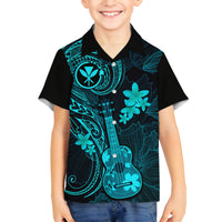 Hawaii Family Matching Off Shoulder Long Sleeve Dress and Hawaiian Shirt Ukulele Mix Polynesian Plumeria Turquoise Version - Wonder Print Shop