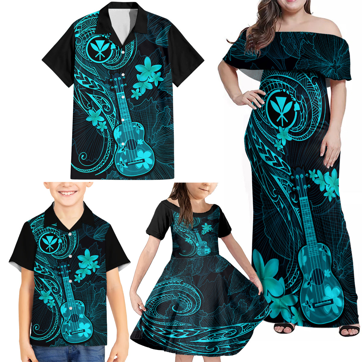 Hawaii Family Matching Off Shoulder Maxi Dress and Hawaiian Shirt Ukulele Mix Polynesian Plumeria Turquoise Version - Wonder Print Shop