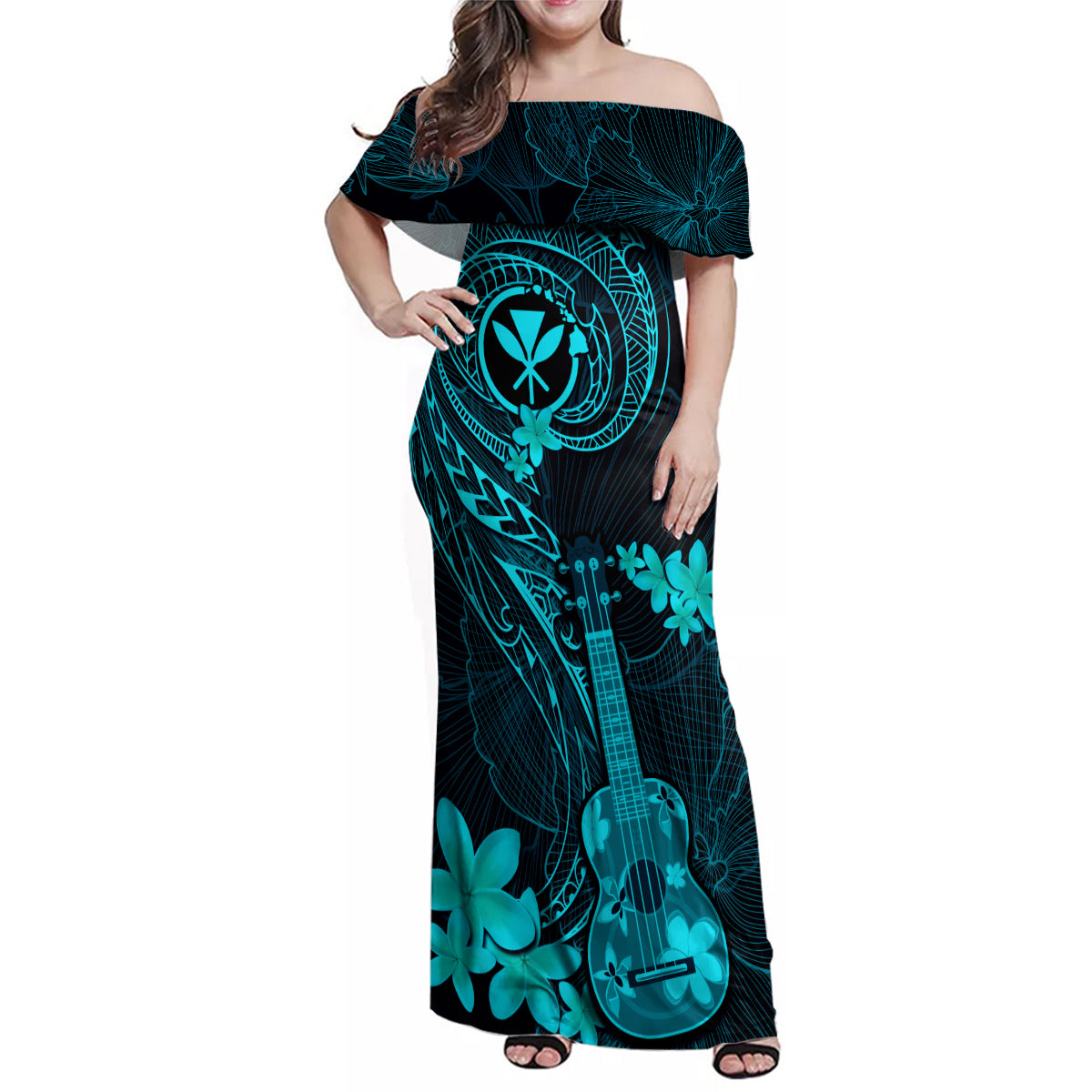 Hawaii Family Matching Off Shoulder Maxi Dress and Hawaiian Shirt Ukulele Mix Polynesian Plumeria Turquoise Version - Wonder Print Shop