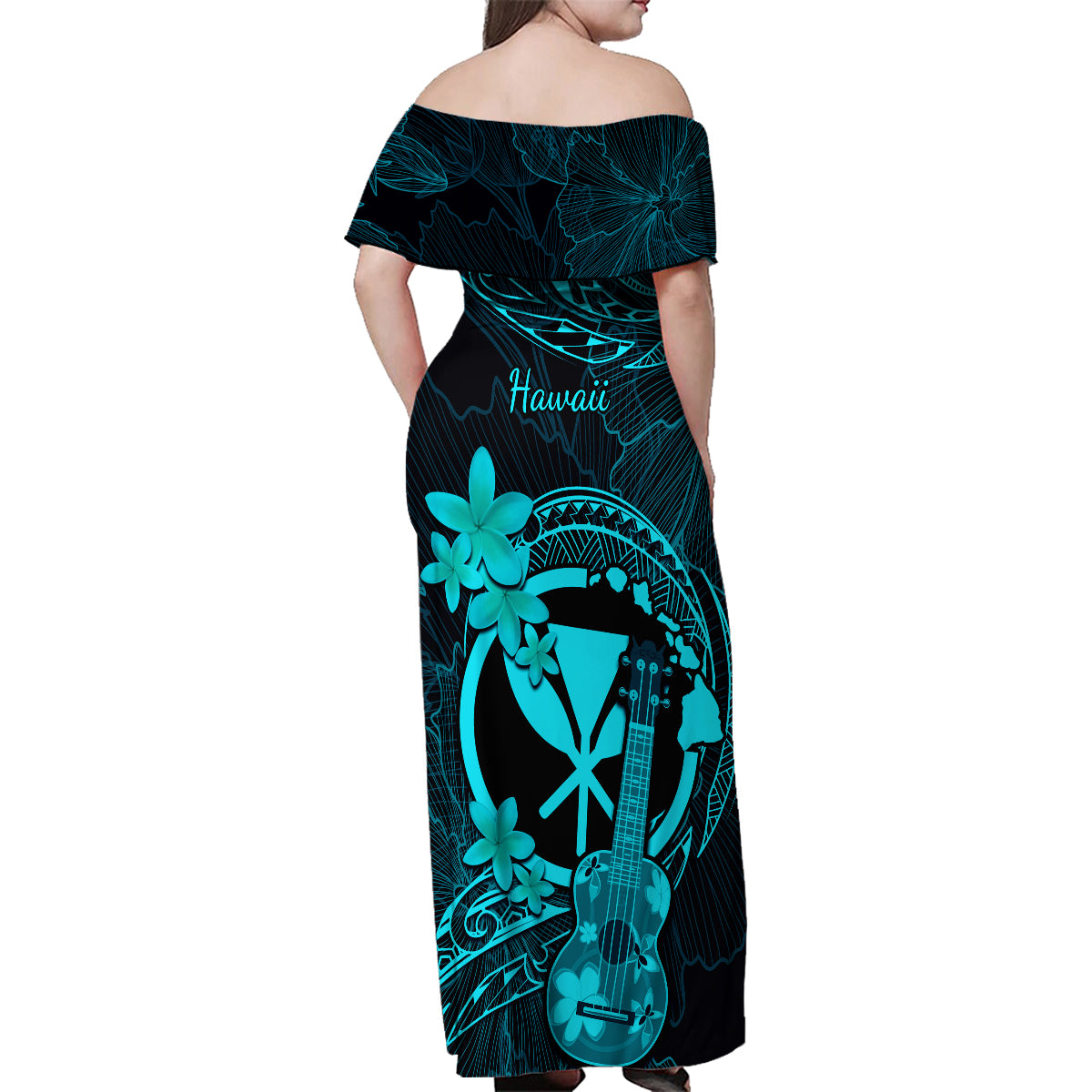 Hawaii Family Matching Off Shoulder Maxi Dress and Hawaiian Shirt Ukulele Mix Polynesian Plumeria Turquoise Version - Wonder Print Shop