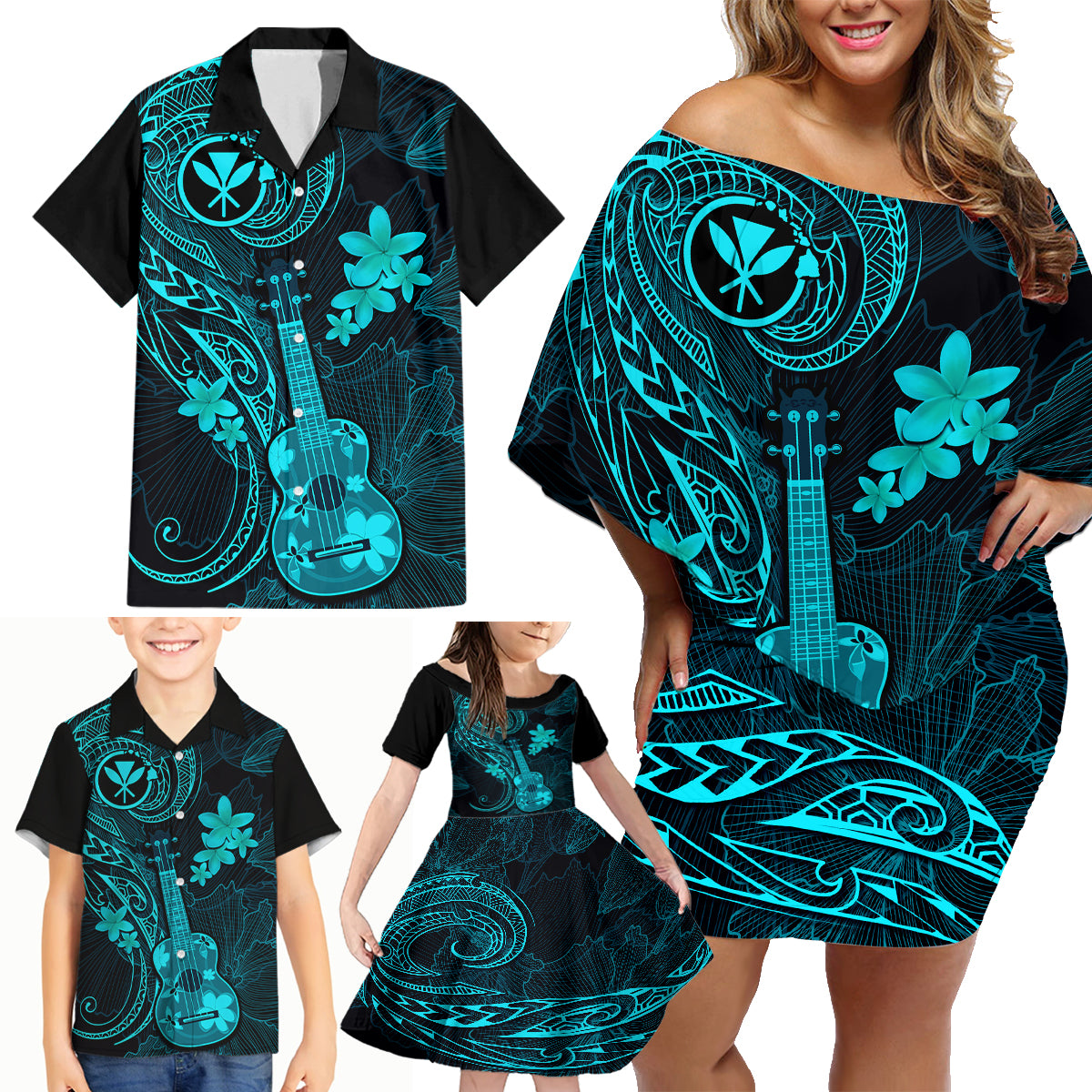 Hawaii Family Matching Off Shoulder Short Dress and Hawaiian Shirt Ukulele Mix Polynesian Plumeria Turquoise Version - Wonder Print Shop