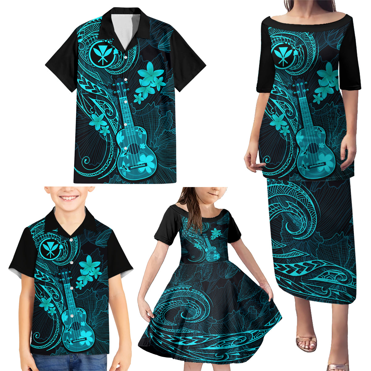 Hawaii Family Matching Puletasi Dress and Hawaiian Shirt Ukulele Mix Polynesian Plumeria Turquoise Version - Wonder Print Shop