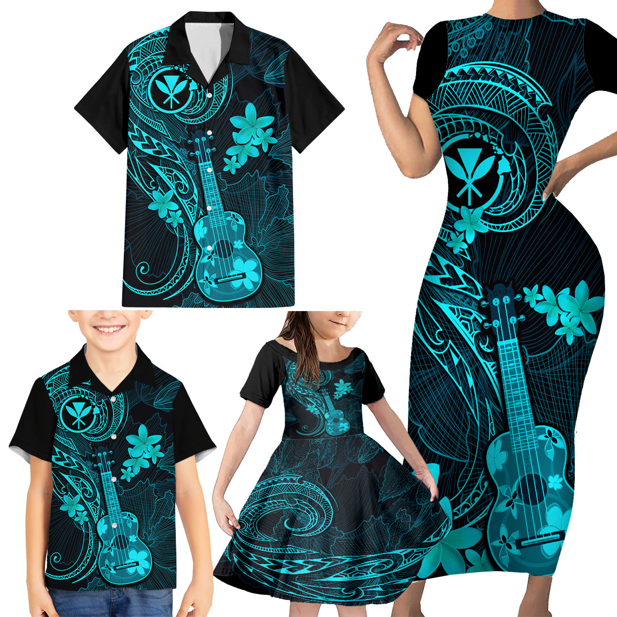 Hawaii Family Matching Short Sleeve Bodycon Dress and Hawaiian Shirt Ukulele Mix Polynesian Plumeria Turquoise Version - Wonder Print Shop