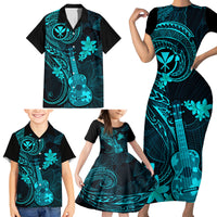 Hawaii Family Matching Short Sleeve Bodycon Dress and Hawaiian Shirt Ukulele Mix Polynesian Plumeria Turquoise Version - Wonder Print Shop
