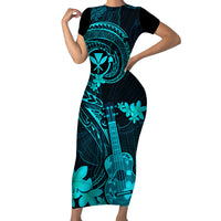 Hawaii Family Matching Short Sleeve Bodycon Dress and Hawaiian Shirt Ukulele Mix Polynesian Plumeria Turquoise Version - Wonder Print Shop