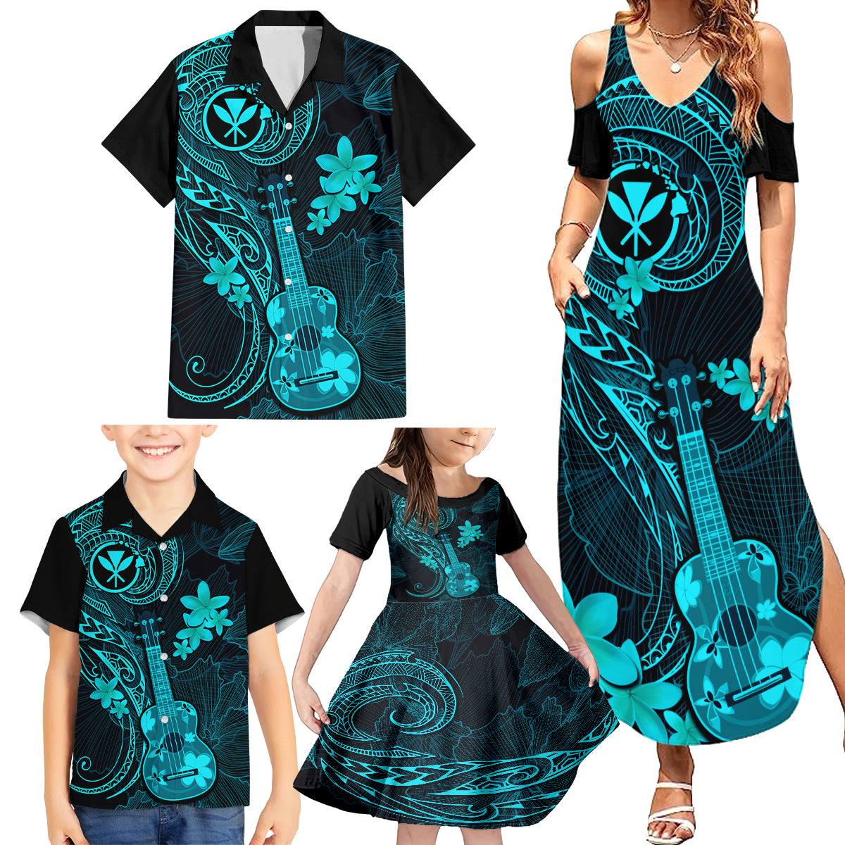 Hawaii Family Matching Summer Maxi Dress and Hawaiian Shirt Ukulele Mix Polynesian Plumeria Turquoise Version - Wonder Print Shop