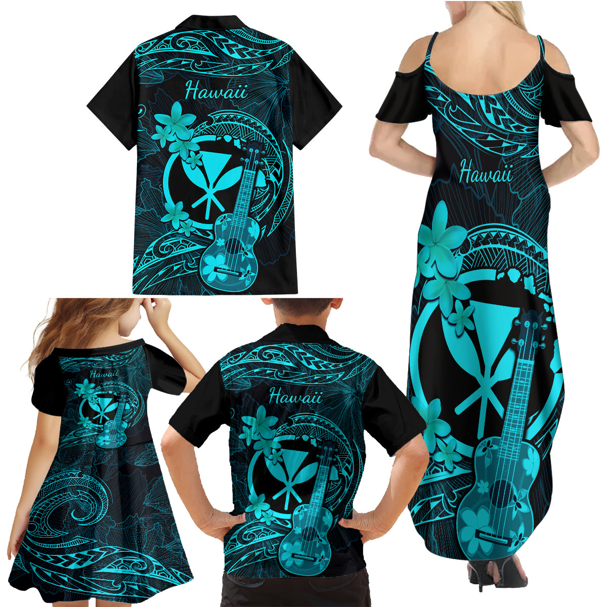 Hawaii Family Matching Summer Maxi Dress and Hawaiian Shirt Ukulele Mix Polynesian Plumeria Turquoise Version - Wonder Print Shop