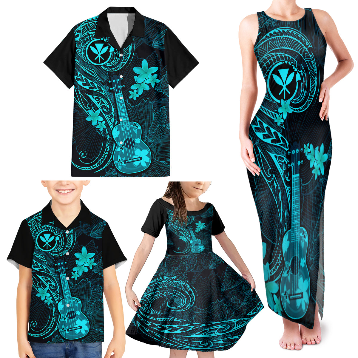 Hawaii Family Matching Tank Maxi Dress and Hawaiian Shirt Ukulele Mix Polynesian Plumeria Turquoise Version - Wonder Print Shop
