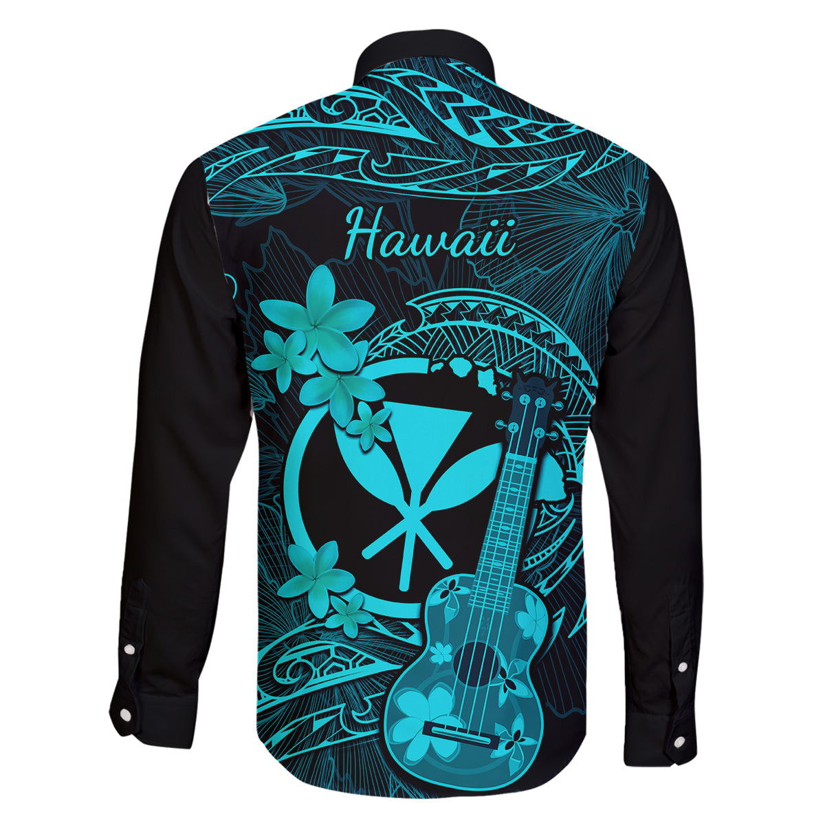 Hawaii Family Matching Tank Maxi Dress and Hawaiian Shirt Ukulele Mix Polynesian Plumeria Turquoise Version - Wonder Print Shop