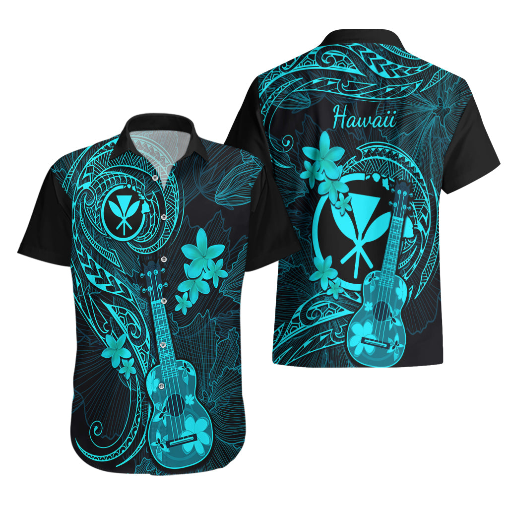 Hawaii Hawaiian Shirt Ukulele Mix Polynesian Plumeria Turquoise Version - Wonder Print Shop