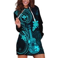 Hawaii Hoodie Dress Ukulele Mix Polynesian Plumeria Turquoise Version - Wonder Print Shop