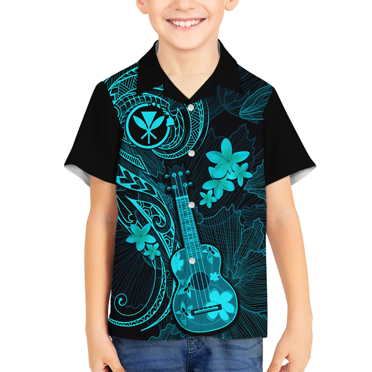 Hawaii Kid Hawaiian Shirt Ukulele Mix Polynesian Plumeria Turquoise Version - Wonder Print Shop