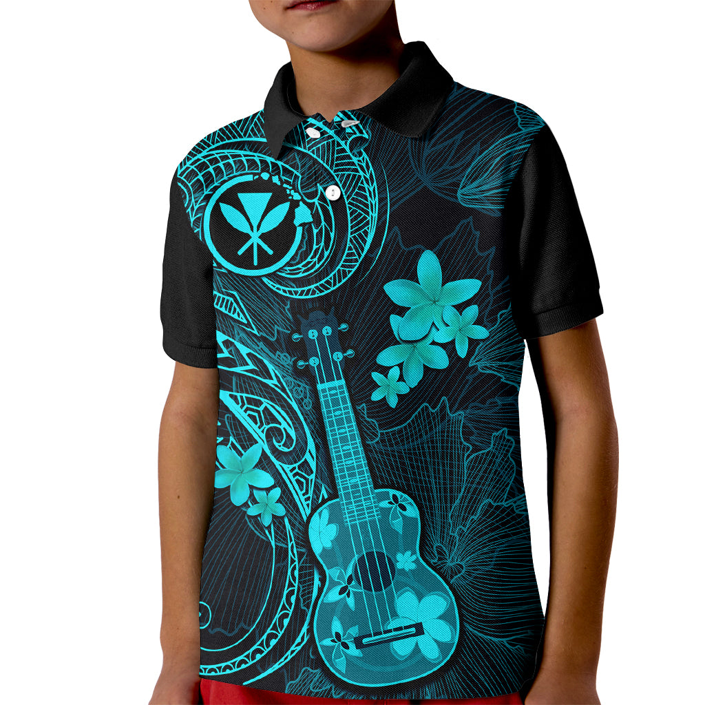 Hawaii Kid Polo Shirt Ukulele Mix Polynesian Plumeria Turquoise Version - Wonder Print Shop