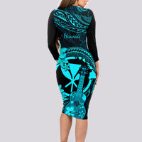 Hawaii Long Sleeve Bodycon Dress Ukulele Mix Polynesian Plumeria Turquoise Version - Wonder Print Shop