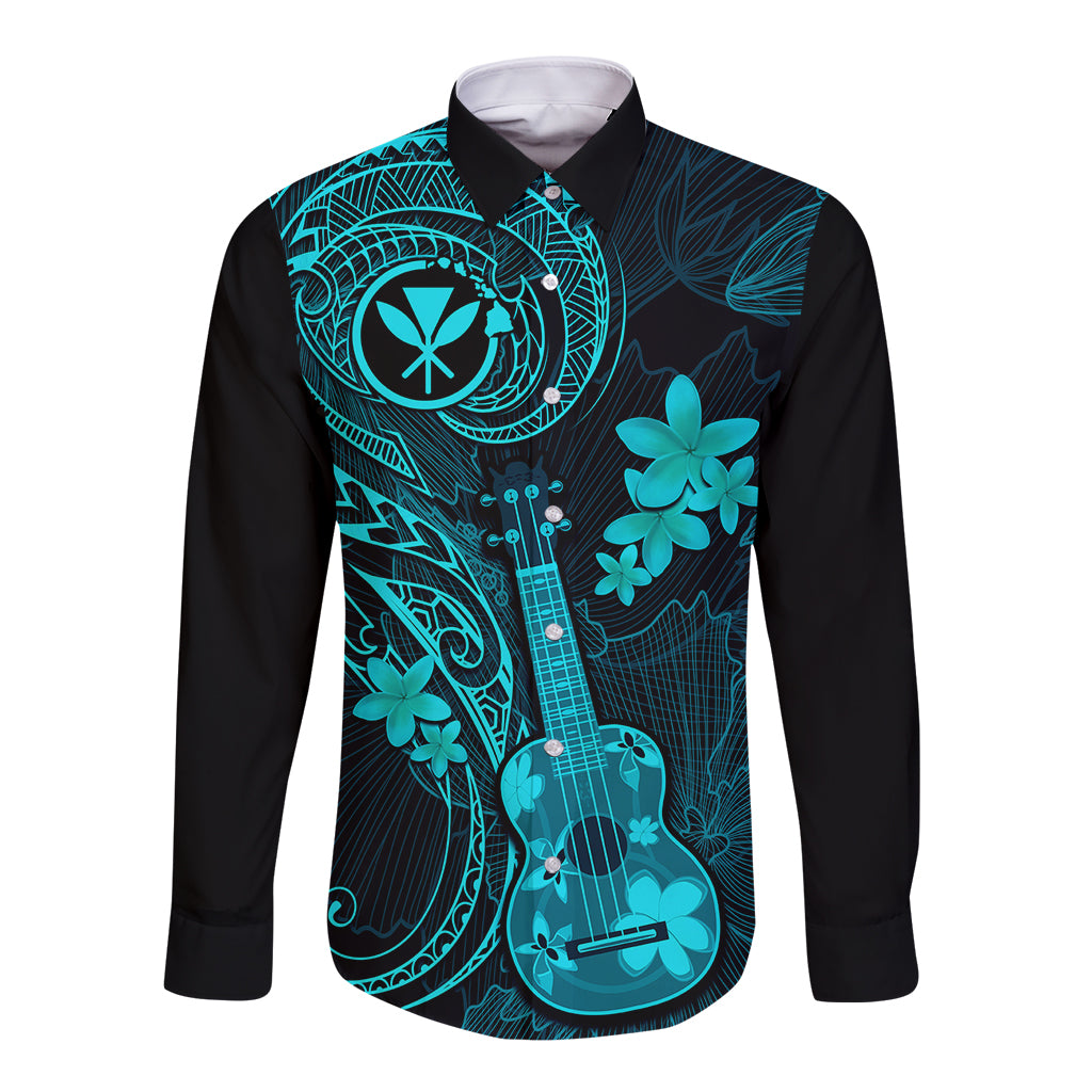 Hawaii Long Sleeve Button Shirt Ukulele Mix Polynesian Plumeria Turquoise Version - Wonder Print Shop