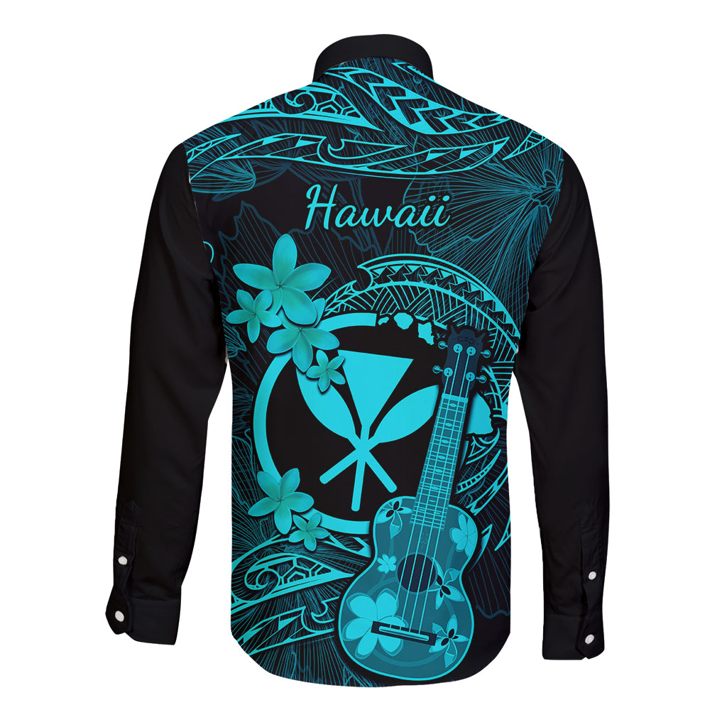 Hawaii Long Sleeve Button Shirt Ukulele Mix Polynesian Plumeria Turquoise Version - Wonder Print Shop