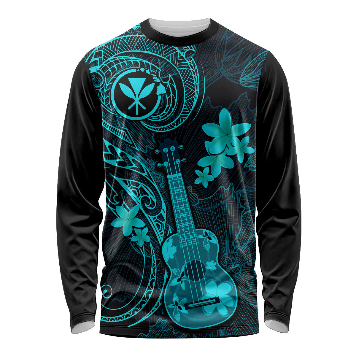 Hawaii Long Sleeve Shirt Ukulele Mix Polynesian Plumeria Turquoise Version - Wonder Print Shop