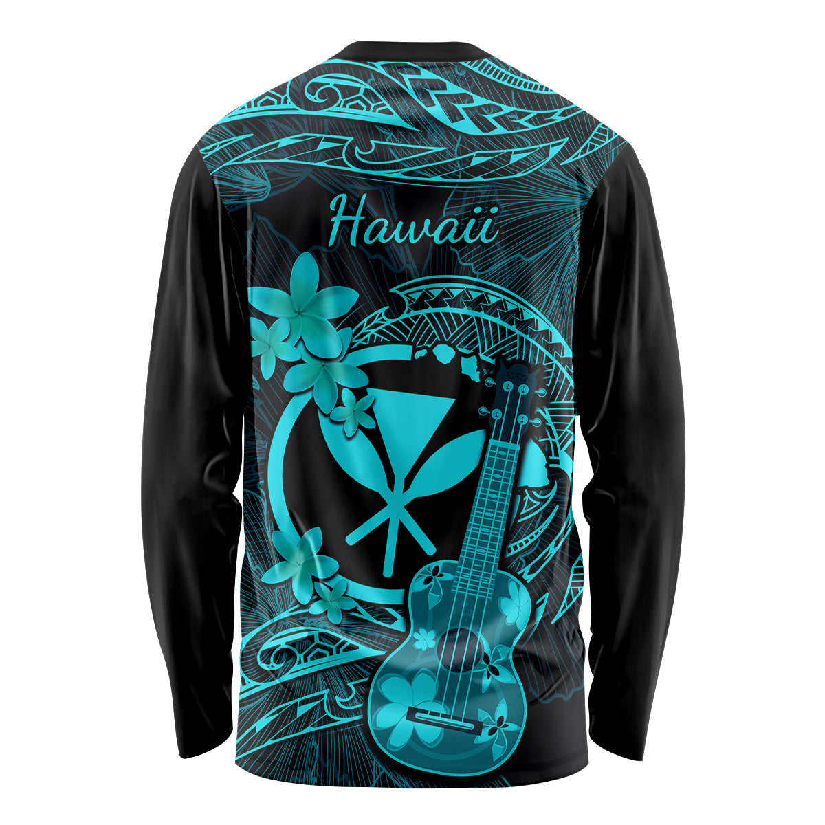 Hawaii Long Sleeve Shirt Ukulele Mix Polynesian Plumeria Turquoise Version - Wonder Print Shop