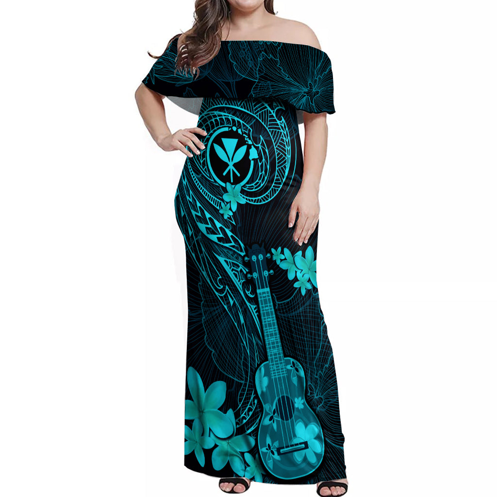 Hawaii Off Shoulder Maxi Dress Ukulele Mix Polynesian Plumeria Turquoise Version - Wonder Print Shop