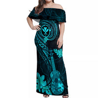 Hawaii Off Shoulder Maxi Dress Ukulele Mix Polynesian Plumeria Turquoise Version - Wonder Print Shop