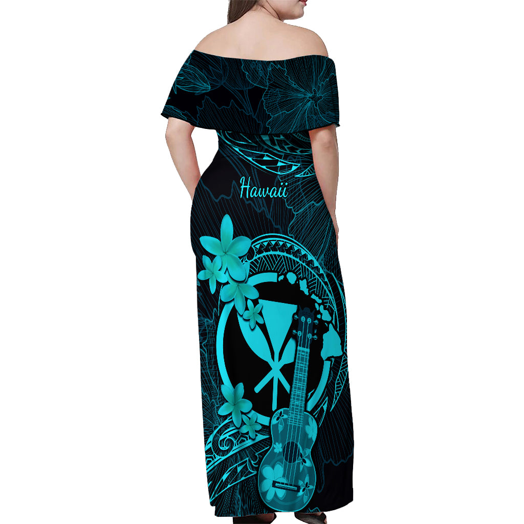 Hawaii Off Shoulder Maxi Dress Ukulele Mix Polynesian Plumeria Turquoise Version - Wonder Print Shop