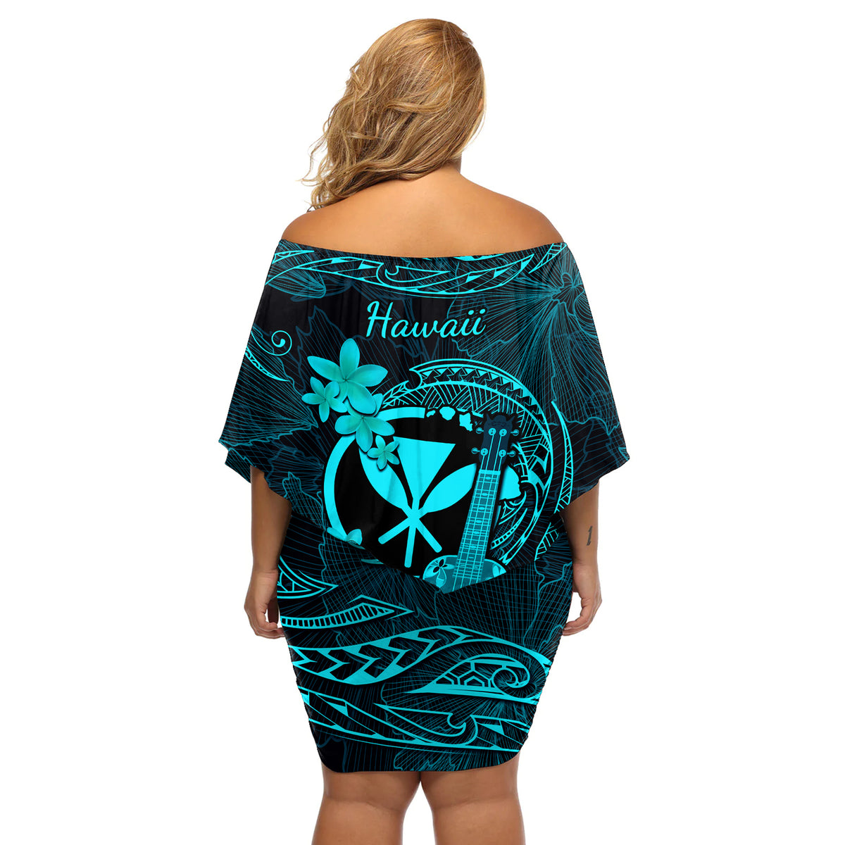 Hawaii Off Shoulder Short Dress Ukulele Mix Polynesian Plumeria Turquoise Version - Wonder Print Shop