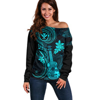 Hawaii Off Shoulder Sweater Ukulele Mix Polynesian Plumeria Turquoise Version - Wonder Print Shop
