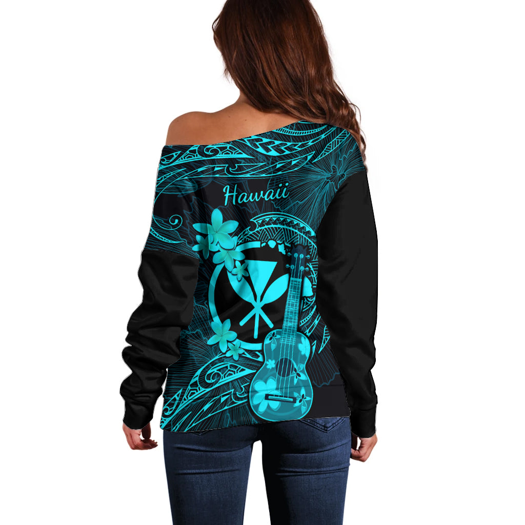Hawaii Off Shoulder Sweater Ukulele Mix Polynesian Plumeria Turquoise Version - Wonder Print Shop