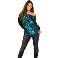Hawaii Off Shoulder Sweater Ukulele Mix Polynesian Plumeria Turquoise Version - Wonder Print Shop