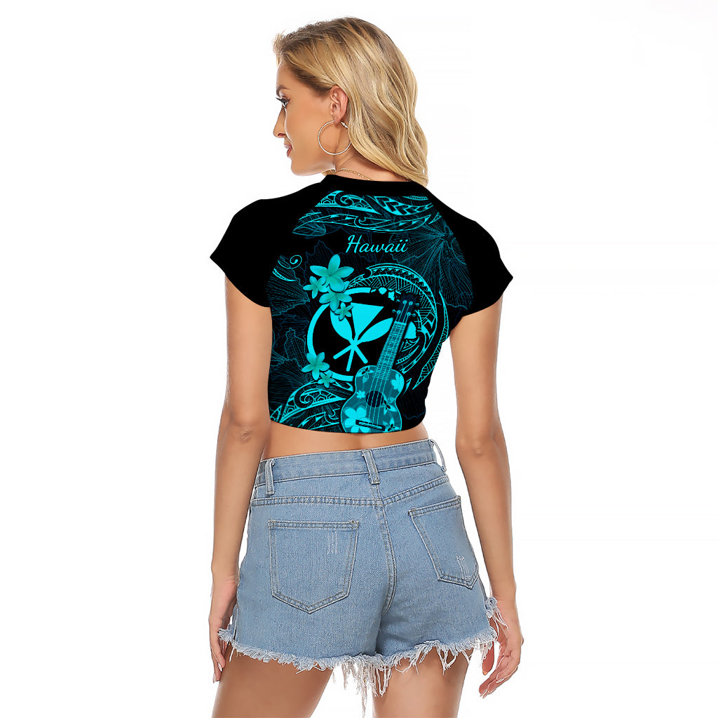 Hawaii Raglan Cropped T Shirt Ukulele Mix Polynesian Plumeria Turquoise Version - Wonder Print Shop