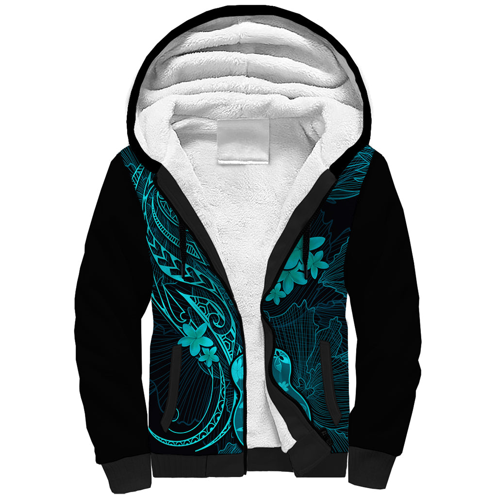 Hawaii Sherpa Hoodie Ukulele Mix Polynesian Plumeria Turquoise Version - Wonder Print Shop