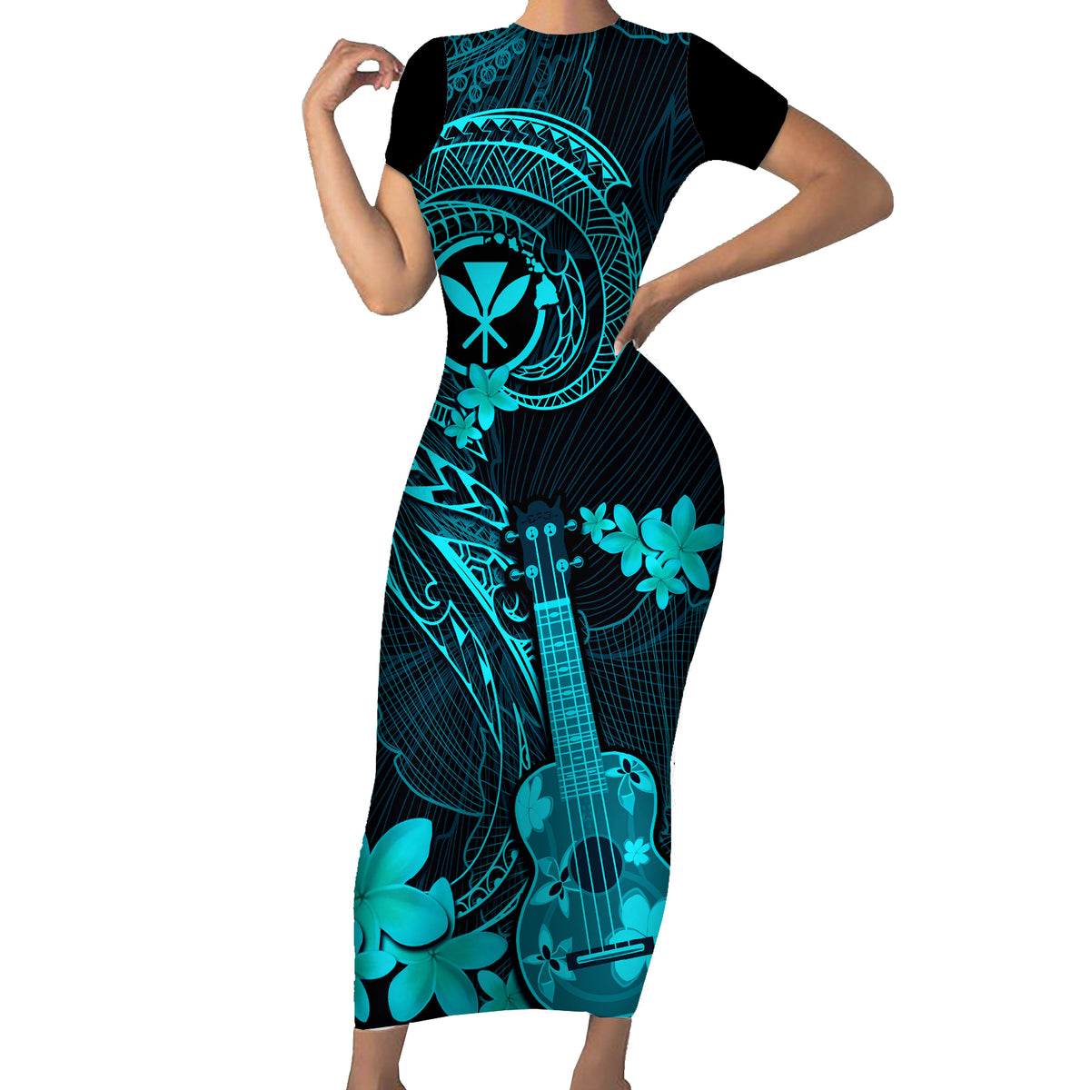 Hawaii Short Sleeve Bodycon Dress Ukulele Mix Polynesian Plumeria Turquoise Version - Wonder Print Shop