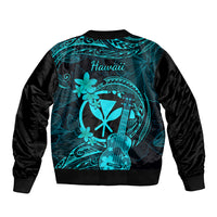 Hawaii Sleeve Zip Bomber Jacket Ukulele Mix Polynesian Plumeria Turquoise Version - Wonder Print Shop