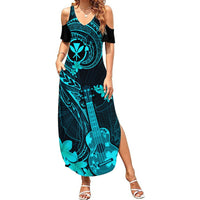 Hawaii Summer Maxi Dress Ukulele Mix Polynesian Plumeria Turquoise Version - Wonder Print Shop