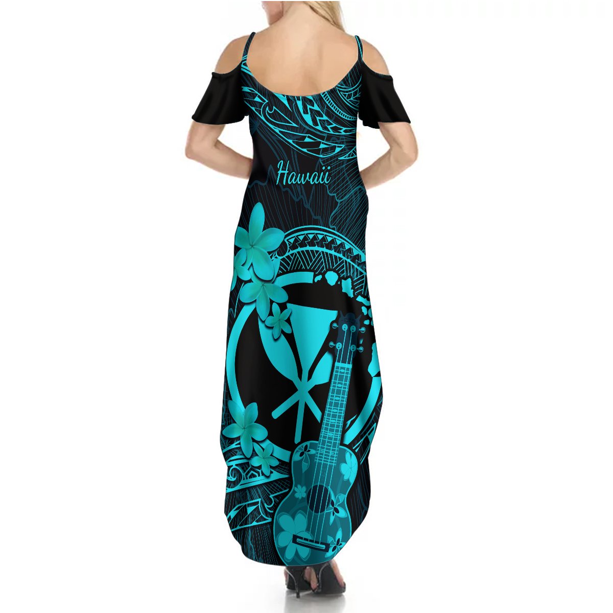 Hawaii Summer Maxi Dress Ukulele Mix Polynesian Plumeria Turquoise Version - Wonder Print Shop