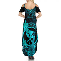 Hawaii Summer Maxi Dress Ukulele Mix Polynesian Plumeria Turquoise Version - Wonder Print Shop