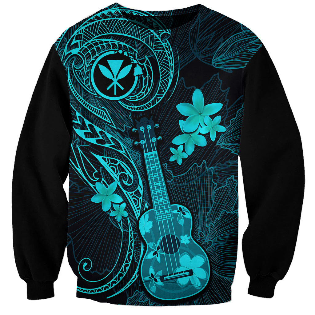 Hawaii Sweatshirt Ukulele Mix Polynesian Plumeria Turquoise Version - Wonder Print Shop