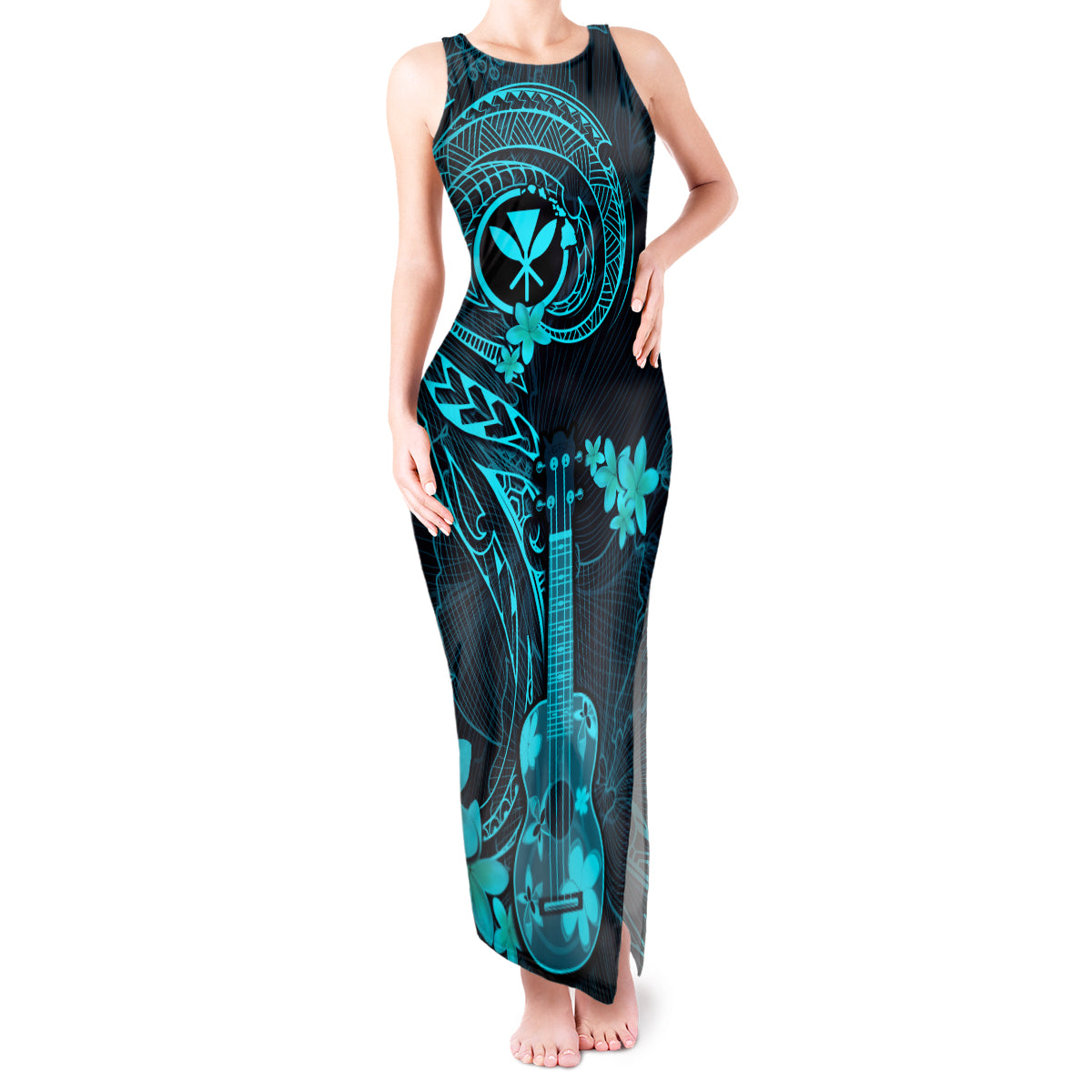 Hawaii Tank Maxi Dress Ukulele Mix Polynesian Plumeria Turquoise Version - Wonder Print Shop