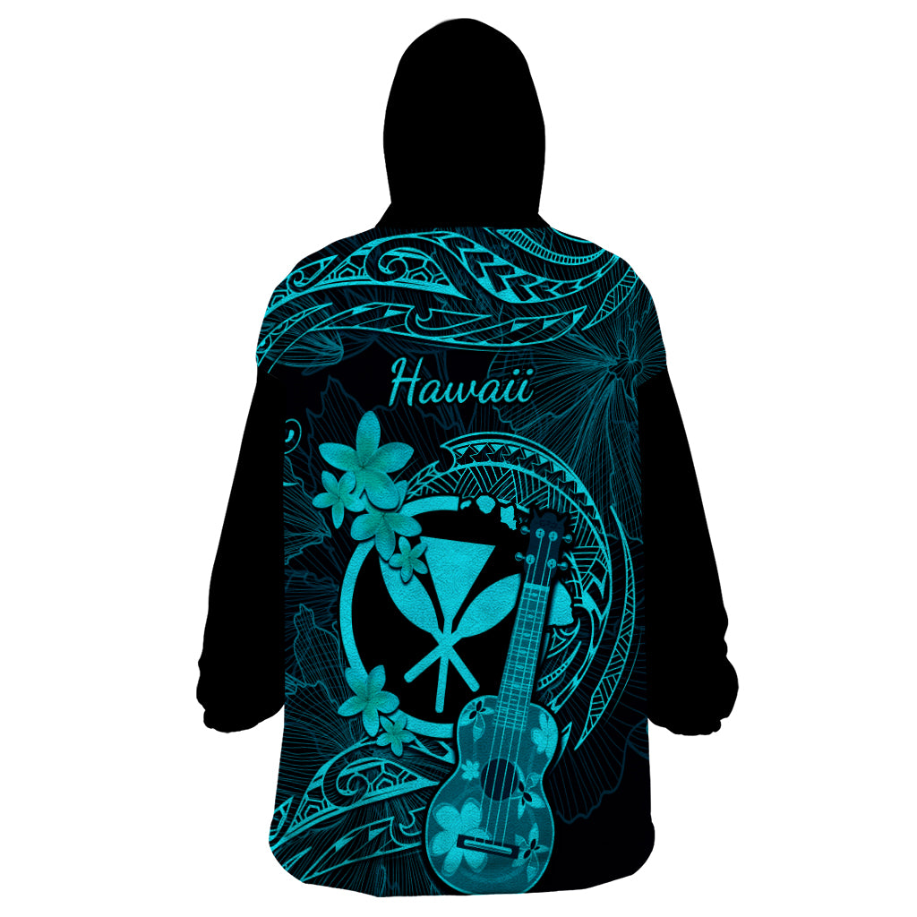 Hawaii Wearable Blanket Hoodie Ukulele Mix Polynesian Plumeria Turquoise Version - Wonder Print Shop