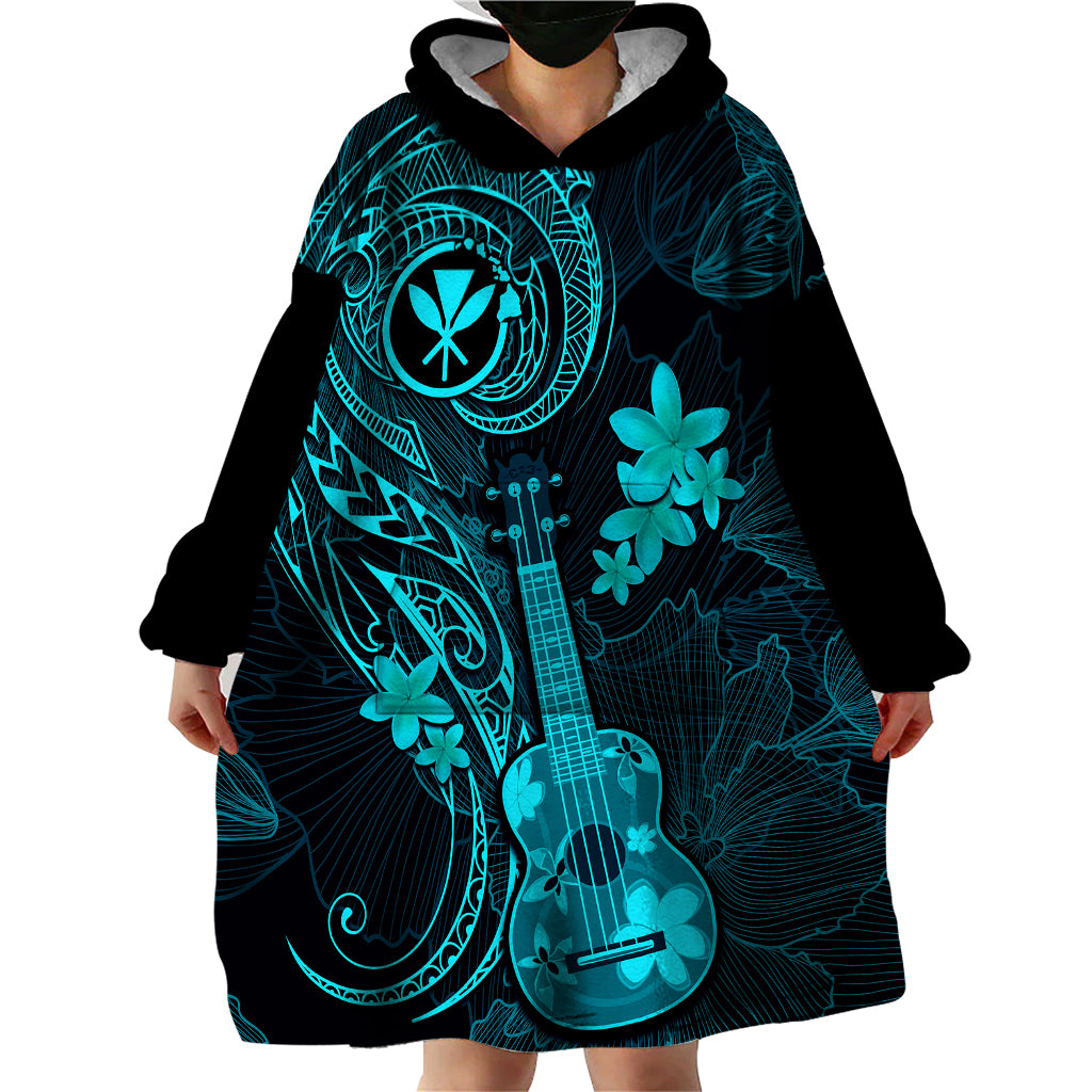 Hawaii Wearable Blanket Hoodie Ukulele Mix Polynesian Plumeria Turquoise Version - Wonder Print Shop