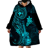 Hawaii Wearable Blanket Hoodie Ukulele Mix Polynesian Plumeria Turquoise Version - Wonder Print Shop