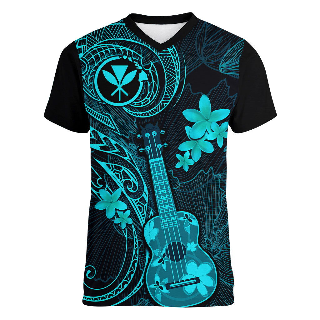 Hawaii Women V Neck T Shirt Ukulele Mix Polynesian Plumeria Turquoise Version - Wonder Print Shop